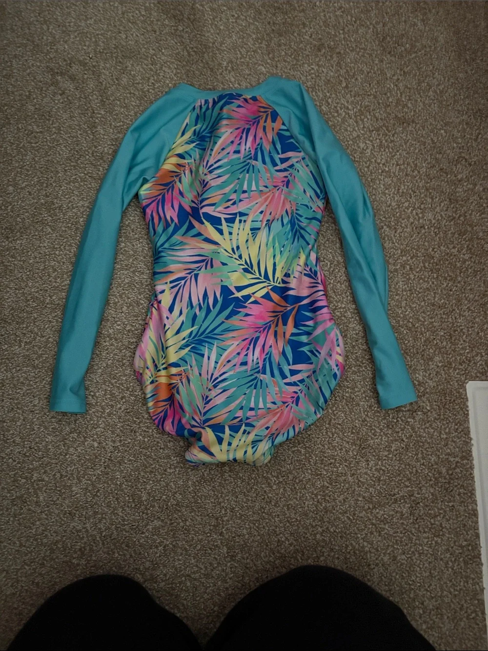 Cat & Jack Teal Long-Sleeve One-Piece Rashguard with Neon Palm Print